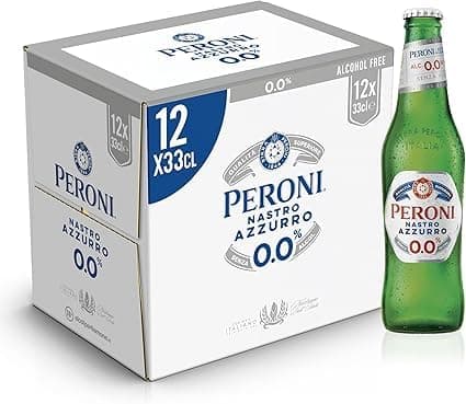 Peroni Nastro Azzurro 0.0 Birra Analcolica Premium Lager, Cassa Birra con 12 Birre in Bottiglia da 33 cl, 7.92 L, Gusto Secco e Rinfrescante, Zero Alcol