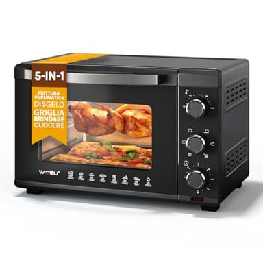 WOLTU Forno per Pizza da 32L, Fornetto Elettrico Piccolo con Girarrosto, 4 Resistenze, Timer 60 min, Temperatura 100-230°C, 1600W, Porta con Doppi Vetri, Nero