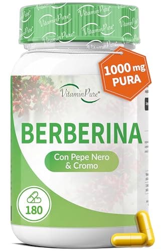 VitaminPure - Berberina 1000mg 180 Capsule, Formula Potenziata con Pepe Nero e Cromo per un Assorbimento Migliore, Integratore 100% Naturale