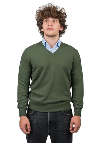 DALLE PIANE CASHMERE - Scollo V Misto Cashmere, Made in Italy - Uomo, Colore: Khaki, Taglia: S