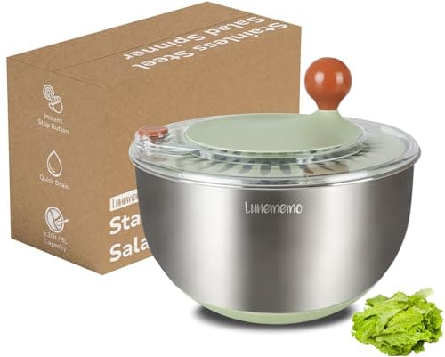 Lunememo Centrifuga per Insalata in Acciaio Inox 18/8, Centrifuga per Lattuga con Scarico, Base Antiscivolo, Pulsante di Arresto, Asciugatrice per Verdure, Senza BPA, 5L