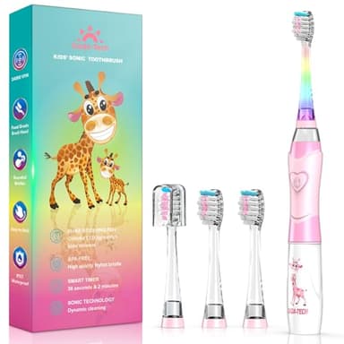 Spazzolino Elettrico Bambini 3-6-12 Anni Spazzolino Elettrico Bambina Bambino Bimba Con Timer Luci LED Arcobaleno E 4 Testine Morbide (Giraffa Rosa)