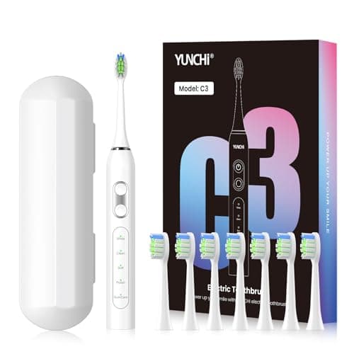 YUNCHI C3 Spazzolino Elettrico Ultrasonico Adulto 8 Testine Spazzolino Da Viaggio Ricaricabile Elettrico con 5 Modalità e Ricarica USB di Tipo C, Setole Mediamente Morbide, Bianco