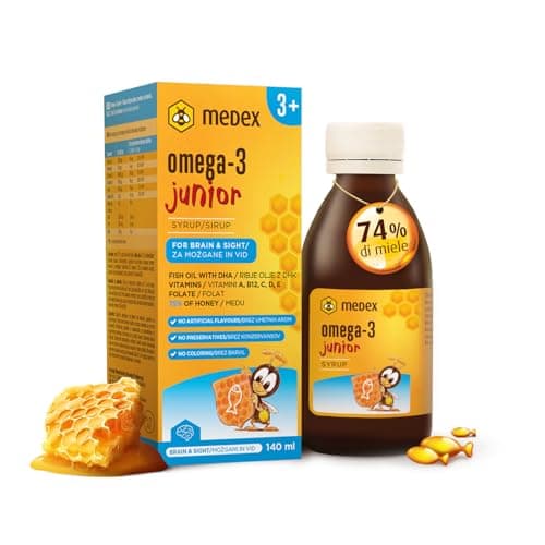 Medex Omega 3 Junior Sciroppo, a base di miele 74%, 250 mg di DHA e 50 mg di EPA; aggiunta di vitamine A, B12, C, D, E, acido folico, per bambini dai 3+, 140 ml