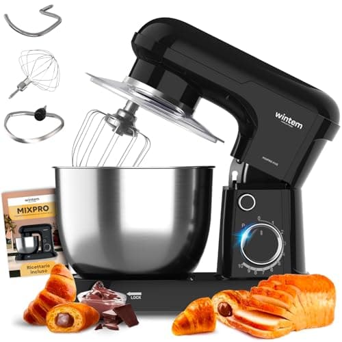 Avilia Impastatrice Planetaria in Acciaio Inox 1500W con Ciotola 5L - 10 Velocità, Ricettario e Accessori Inclusi - Gancio, Battitore e Frusta - Robot da Cucina per Pane, Pizza e Dolci NERO