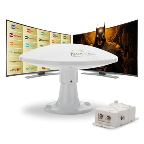MOSCATELLI Antenna Tv Camper Omnidirezionale Terrestre DVB-T/T2 per Interno/Esterno - 12/24/220V - Filtro LTE 4G integrato - Kit Antenna Camper Completo di Cavi e Potente Amplificatore
