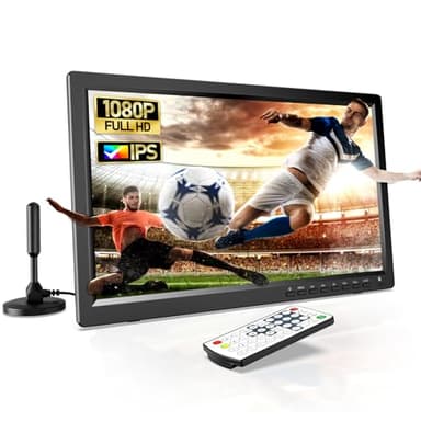Desobry Televisore Portatile 15,6 Pollici HD 1080P - TV da Campeggio con Batteria 3000mAh, Sintonizzatore DVB-T2, HDMI/USB/AV - Per Camper, Giardino