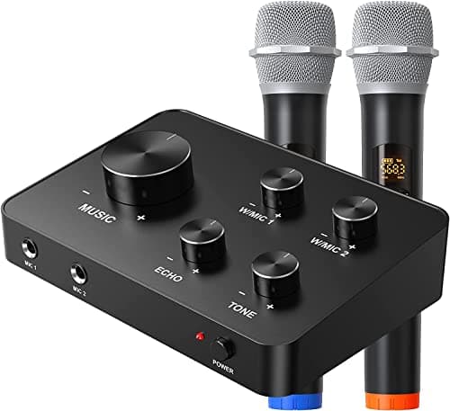 Caymuller Microfono Wireless UHF Professionale, Microfono Karaoke Bluetooth Microfono Senza Fili Doppio Per TV, Festa, DJ, Altoparlante, Riunione, Chiesa, Matrimonio 100FT