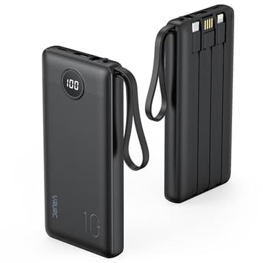 VRURC Power Bank 10000mAh, powerbank con 4 cavi integrati USB C Batteria, Caricatore Portatile LED Digitale Display con 4 uscite & 2 Ingressi compatibile con iPhone Android - Black