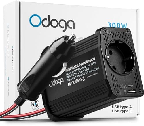 Odoga Inverter 12v 220v Auto, 300W Convertitore – Adattatore Presa Auto a Presa Elettrica – Trasformatore per Auto & Camper Con Doppia Porta di Carica USB