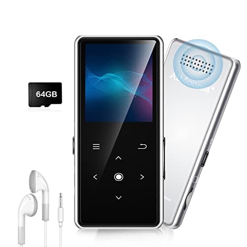 64GB Lettore MP3 con Bluetooth 5.2, AiMoonsa Lettore Musicale con Altoparlante HD Integrato, radio FM, Registratore Vocale, Suono HiFi, Peso 0,15 lb, Funzione E-book, Auricolari Inclusi