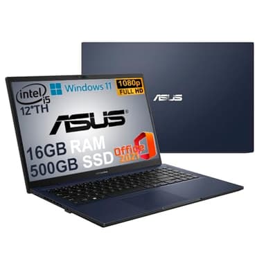 ASUS Notebook, pc portatile, Cpu Intel i5 di 12Th 10 Core, Ram 16 Gb, SSD M.2 Nvme da 512 Gb, 15,6 FHD, wi-fi, 4 Usb, Bt, Intel Iris xE, Windows 11 Pro, Pacchetto Office 2021, pronto All'uso