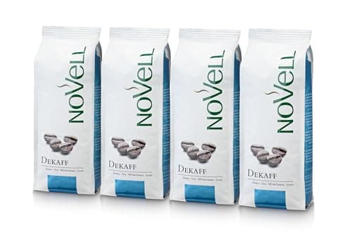 NOVELL - Caffè descaffeinato in Grani 100% Arabica 1kg|Caffè Decaffeinato in Grani per Esperienza Gourmet |4 Sacchetti da 250g |Facile Utilizzo con Valvola Unidirezionale|Caffè Arabica Sostenibile