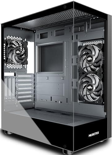 MUSETEX ATX PC case, supporto ruota da 360 mm, Full View Dual Tempered Glass Mid Tower Case PC, case di tipo C con 3 ventole non LED preinstallate, alloggiamento PC da gioco, nero (K2)