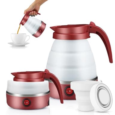 EUBSWA - Bollitore portatile da campeggio, 600 ml, pieghevole, mini bollitore elettrico in silicone per campeggio, viaggi, attività all'aperto (rosso)