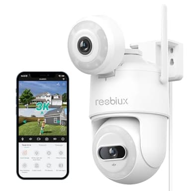 Reobiux 2.5K 6MP Telecamera Wi-Fi Esterno,360° PTZ Videocamera Sorveglianza Esterno con Doppia Lente,Visione Notturna a Colori,Tracciamento Automatico,Allarme Sonoro e Luminoso,Supporta Alexa,IP66