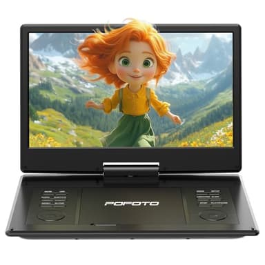 POFOTO Lettore DVD Portatile 15,7'' con Schermo HD Ruotabile 14,1'', Batteria 6 Ore, Supporto Multiformato Dischi/SD/USB, Regione Libera, Riproduzione Memoria, Sync TV e Proiettore, Doppi Altoparlanti