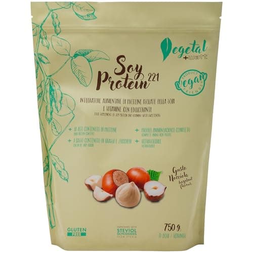 Soy protein 221 Formato 750g - integratore di proteine isolate della soia con aggiunta di vitamine. GLUTEN FREE 100% Vegetale - Valore biologico molto alto - Gusto nocciola