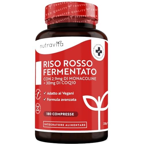 Riso Rosso Fermentato Colesterolo - Integratore di Lievito di Riso Rosso con 2,9 mg di Monacolina K - Colesterolo Integratori con Coenzima Q10-180 Compresse Vegane (Fornitura 6 Mesi) - Nutravita