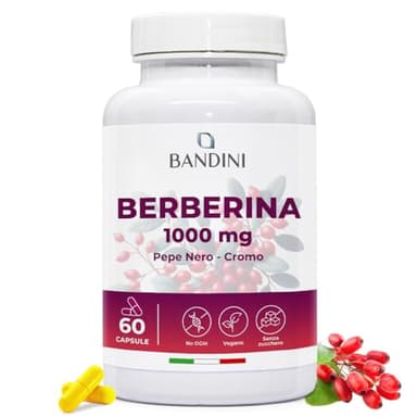 Bandini® Berberina 1000mg pura alto dosaggio | Pura Berberina HCl da Berberis Aristata al 97% + Cromo e Pepe Nero | Massimo assorbimento | Funzione digestiva, epatica, intestinale | 60 capsule vegane