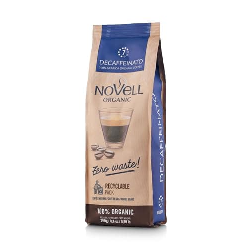 NOVELL - Caffè in Grani Decaffeinato Naturale Residuo 0 250g | Caffè Ecologico in Grani con Note Agrumate e Floreali | Uso Pratico con Impegno Ambientale | Caffè Arabica 100% Ecologico di Qualità