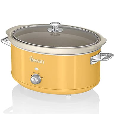 Swan Retro SF17031YELNEU Pentola Cottura Lenta 6,5L Contenitore Estraibile, Antiaderente Ceramica Libera PFOA e PTFE, 3 Livelli Temperatura, Coperchio Vetro, Slow Cooker Design Vintage, Giallo, 320W