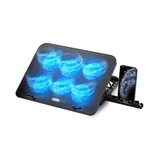 NK Base di raffreddamento per laptop - Ventilatore per computer portatile con 5 supporti regolabili in altezza, 6 ventole silenziose, 2 porte USB, raffreddamento rapido, luce LED blu - Colore nero