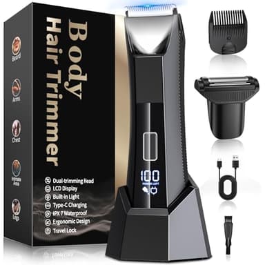 KUAIVO Rasoio Elettrico Corpo Uomo, Depilatore Corpo Uomo 2 in 1 IPX7 Impermeabile per la Zona Intima con Pettine/Luce LED, Rifinitore Tipo C Rasoio Parti Intime Uomo Wet and Dry per Gambe, Inguine