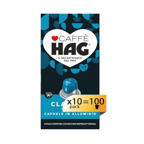 Hag - Capsule Caffè Decaffeinato Espresso Classico - 100 capsule in alluminio - Intensità 6 - Compatibili con Macchine Nespresso®* original - 10 pacchetti da 10 capsule (totale 100 capsule)