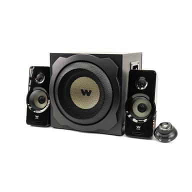 Woxter Big Bass 260 - Altoparlanti 2.1 (legno 150W, Subwoofer, metallo grata, di controllo del cavo del volume, AUX, per TV, PC e console di gioco), Colore Nero