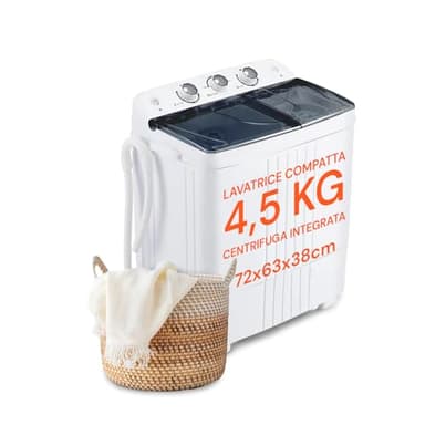Lavatrice Compatta Semiautomatica 4.5Kg con Centrifuga Integrata - Ideale per Campeggio e Viaggi, Carica Alto, Design Slim, 72,5x63x38cm, 400W, Risparmio Energetico
