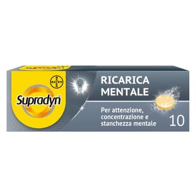 Supradyn Ricarica Mentale Integratore Memoria e Concentrazione con Vitamine, Caffeina, Guaranà per Studio, Concentrazione e Memoria, 10 Compresse Effervescenti, Gusto Acerola