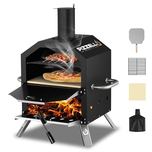 Pizzello Forno per pizza da esterno a 2 strati con pietra, pala per pizza, copertura, griglia rimovibile per campeggio, cortile, barbecue (nero)