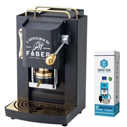 emozioni quotidiane Macchina caffè Faber PRO Deluxe con Rifiniture in Ottone a Cialde in Carta Ese 44 mm + Kit Manutenzione Decalcificante + 20 Cialde Caffe Omaggio, 1.3L (Nero)