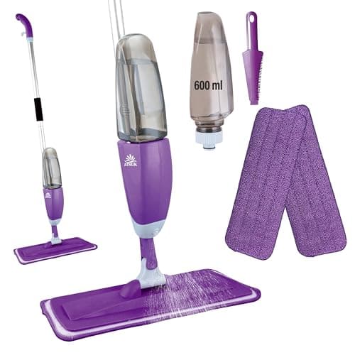 ARSUK Mocio con funzione spray, bottiglia ricaricabile da 600 ml con 2 panni di ricambio, testa rotante a 360° per una pulizia rapida di pavimenti in legno, marmo, laminato