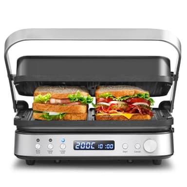 AMZCHEF 4-IN-1 Macchina (Grill Elettrico, Piastra, Piastra Panini, Waffle Maker) - 2000W Grill Elettrico con 4 Piastre Antiaderenti Intercambiabili -180° Riscaldamento a doppia Piastra Regolabile