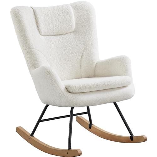 Yaheetech Sedia a Dondolo Relax Poltroncina Imbottita Poltrona Casa Rivestimento in Tessuto 70 × 82,5 × 95,5 cm Base Dondonlante Legno per Soggiorno/Camera da Letto 70 × 82,5 × 95,5 cm Bianco