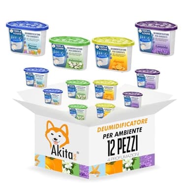 Akitaink - Deumidificatori 12 PZ Assorbiumidità 500 ml per Ambienti Casa, Armadi, Bagno, Camera, Contro Umidità, Muffa e Cattivi Odori, profumi assortiti lavanda, agrumi, gelsomino, brezza marina
