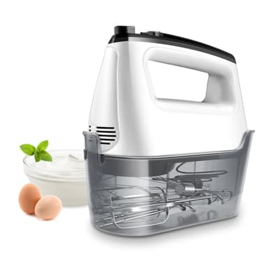 SHARDOR 400 W Sbattitore elettrico con custodia, 6 velocità e funzione turbo, sbattitore a mano elettrico con 2 battitori, 2 ganci impastatrice e 1 frusta, pulsante di espulsione, bianco