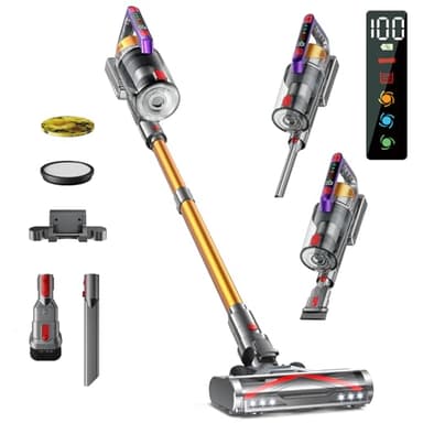 Aspirapolvere Senza Fili, 550W/45KPA 70 Mins,Scopa Elettrica Senza Fili a Doppia Impugnatura, Aspirapolvere Verticale Antigroviglio con Display a LED, Altamente Adatto per Tappeti/Pavimenti/Capelli