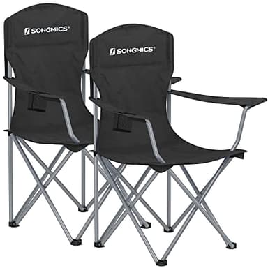 SONGMICS Sedie da Campeggio, Set di 2 Sedie da Esterno, Schienale Alto, con Braccioli, Tasca per Tazza, Pieghevole, Portante 150 kg, per Campeggio, Giardino, Pesca, Terrazza, Nero GCB08BK