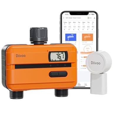 Diivoo Timer Irrigazione WiFi 2 Vie, Misuratore di portata dell'acqua, Computer per Irrigazione Intelligente con APP e 8 Programmi di Irrigazione, Centralina Irrigazione Automatica del Giardino