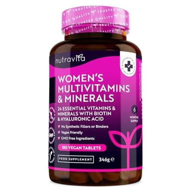 Multivitaminico e Multiminerale Donna - 24 vitamine e minerali attivi essenziali tra cui biotina e acido ialuronico - 180 compresse vegane - Senza riempitivi o leganti sintetici - Nutravita