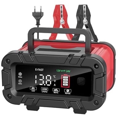 Caricabatterie Intelligente 10A 12V/24V, Mantenitore Auto e Moto con Schermo LCD, per Batterie AGM, Gel, SLA, LiFePO4, Camion e Barche