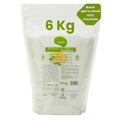 Acido Citrico per Pulizia in Polvere (6 Kg) Cura Lavastoviglie e Lavatrice, Azione Disincrostante e Anticalcare per Bagno, Cassetta WC, Ammorbidente Lavatrice, per Pulizie Naturali