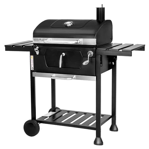 MasterCook - Barbecue A Carbonella Friend Con Doppia Griglia E Regolazione Cestello, BBQ Carbonella Con Coperchio, Termometro, Ripiani Pieghevoli, Barbecue A Carbone Professionale In Acciaio