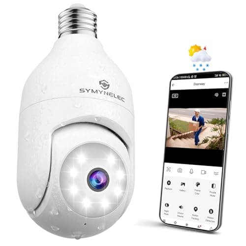SYMYNELEC Telecamera Lampadina WiFi Esterno, 2K 4MP Videocamera Sorveglianza di Sicurezza Senza Fili con Allarme Sonoro e Luminoso, Visione Notturna a Colori, Audio Bidirezionale Compatibile con Alexa