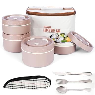 Belle Vous Contenitore Termico per Alimenti Caldi - Thermos Cibo Caldo - Termos Pasta Calda Cibi Caldi - Set 5 Portapranzo con Posate - Porta Pranzo - Portavivande Acciaio Marrone