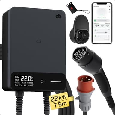 dé Wallbox 22kW [7,5m, 6-32A, Trifase 400V] Colonnina Ricarica Auto Elettrica con App e RFID e Supporto, EV Stazione di Ricaric con RCD Tipo B e Protezione IP55, per BEV/PHEV, Nero