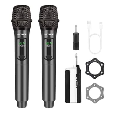 Talomen Microfono Wireless,Microfoni karaoke a 2.4 GHz,Microphone Portatile professionale,Sistema di microfoni dinamici con Ricevitore Ricaricabile，kit 2 microfoni per Karaoke,Festa,Canto,Chiesa,K60-2